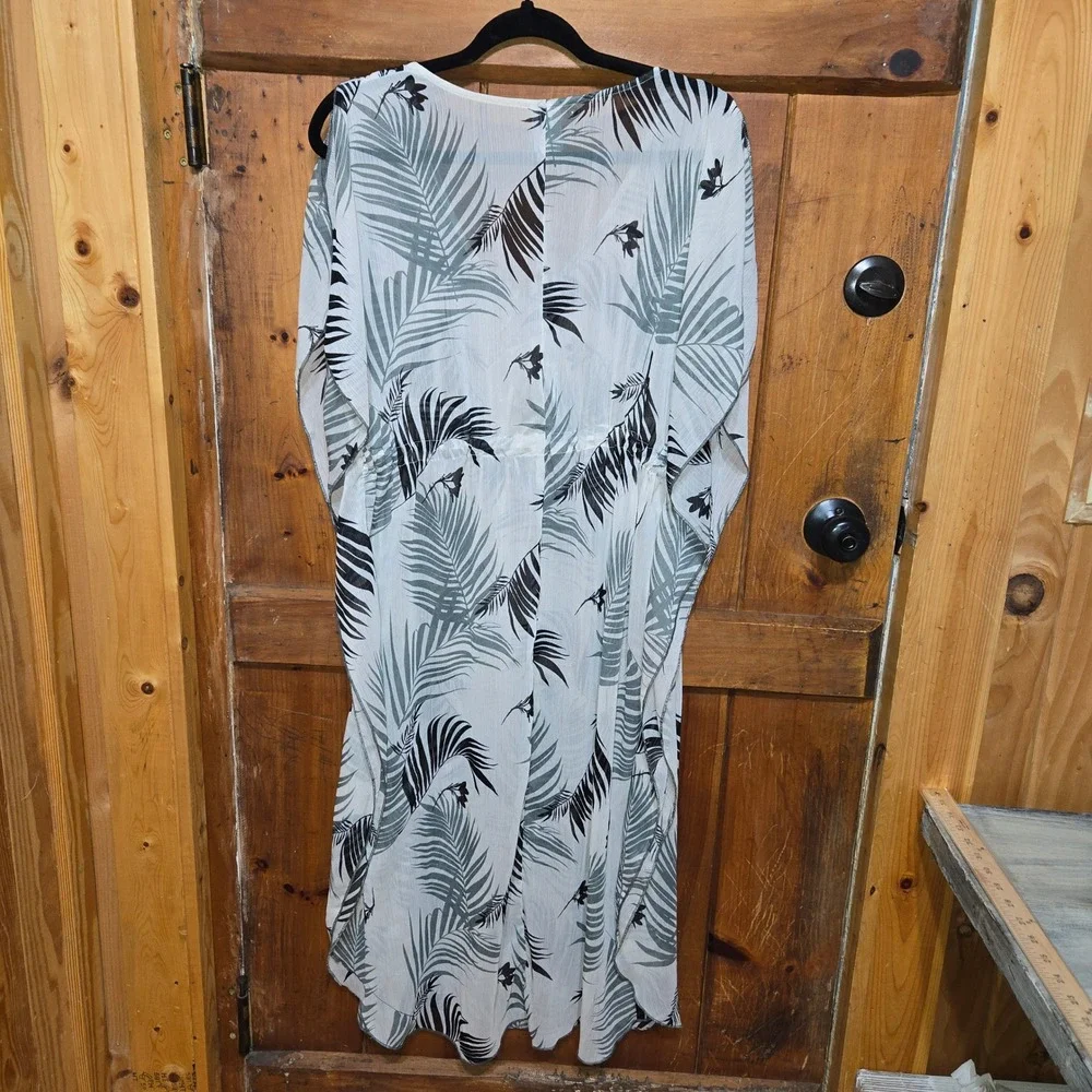 Kona Sol Women Small White Tropical Palm Leaf Drawstring Kaftan Swim Cover Up